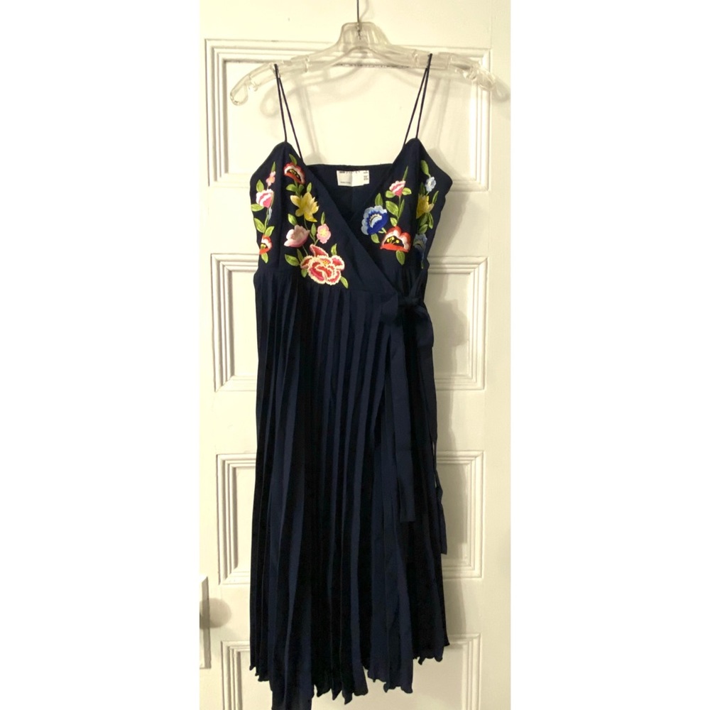 ASOS Design Navy Wrap Dress With Embroidered Floral Design